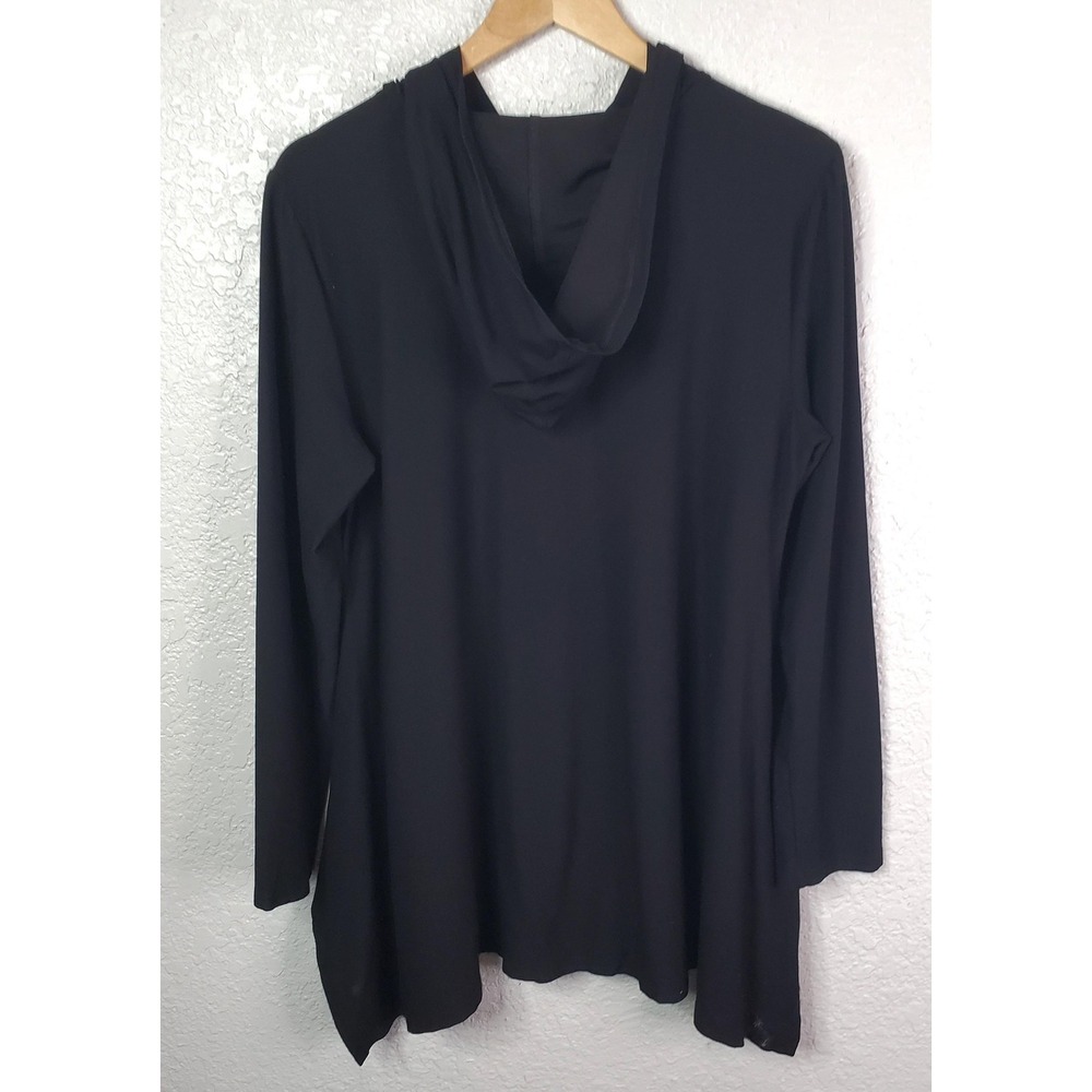 Eileen Fisher Jacket Womens Medium Black Hooded Zip Front Cardigan Hanky Hem - Picture 3 of 16